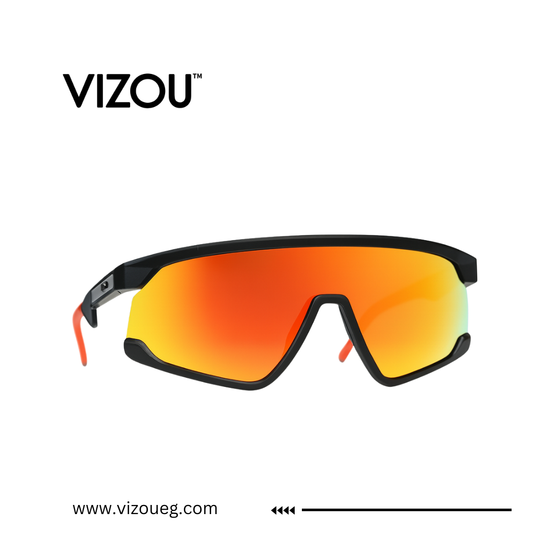 Sunglasses with orange lenses and black frame on a white background, featuring the VIZOU brand.