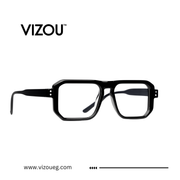 Black eyeglasses with 'VIZOU' branding on a white background