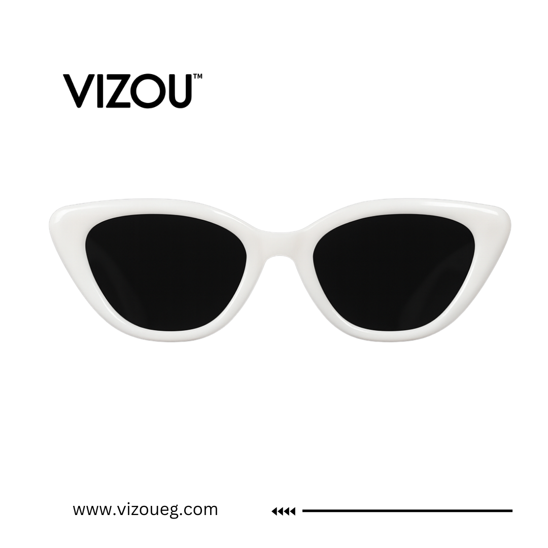White cat-eye sunglasses with black lenses on a white background, featuring the VIZOU brand.