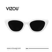 White cat-eye sunglasses with black lenses on a white background, featuring the VIZOU brand.