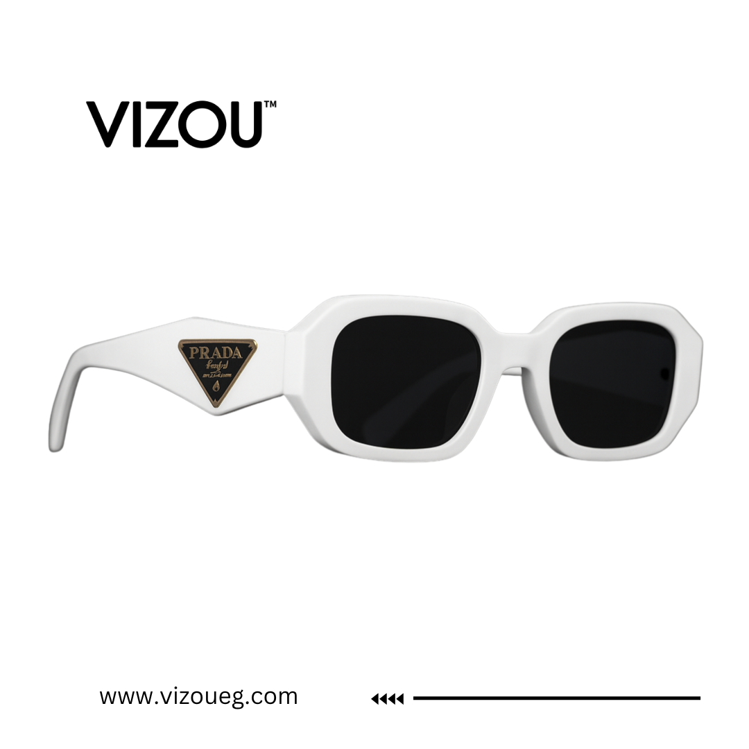 White sunglasses with black lenses on a white background, featuring the Vizou brand. Main image