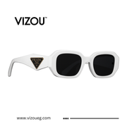 White sunglasses with black lenses on a white background, featuring the Vizou brand.