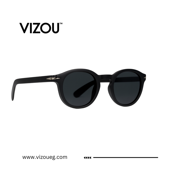 Black sunglasses with 'VIZOU' branding on a white background
