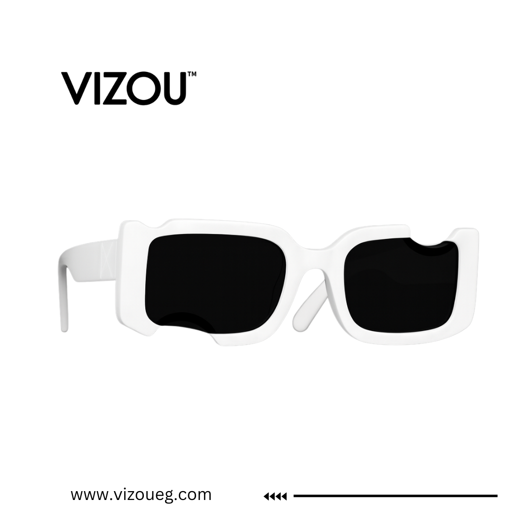 White sunglasses with black lenses on a white background, featuring the VIZOU brand.