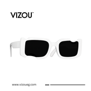 White sunglasses with black lenses on a white background, featuring the VIZOU brand.
