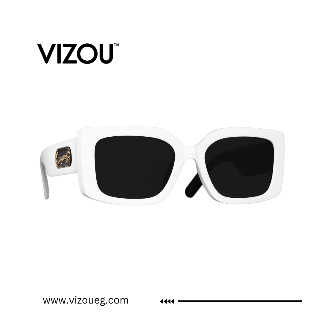 White sunglasses with black lenses on a white background, featuring the VIZOU brand.