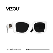 White sunglasses with black lenses on a white background, featuring the VIZOU brand.