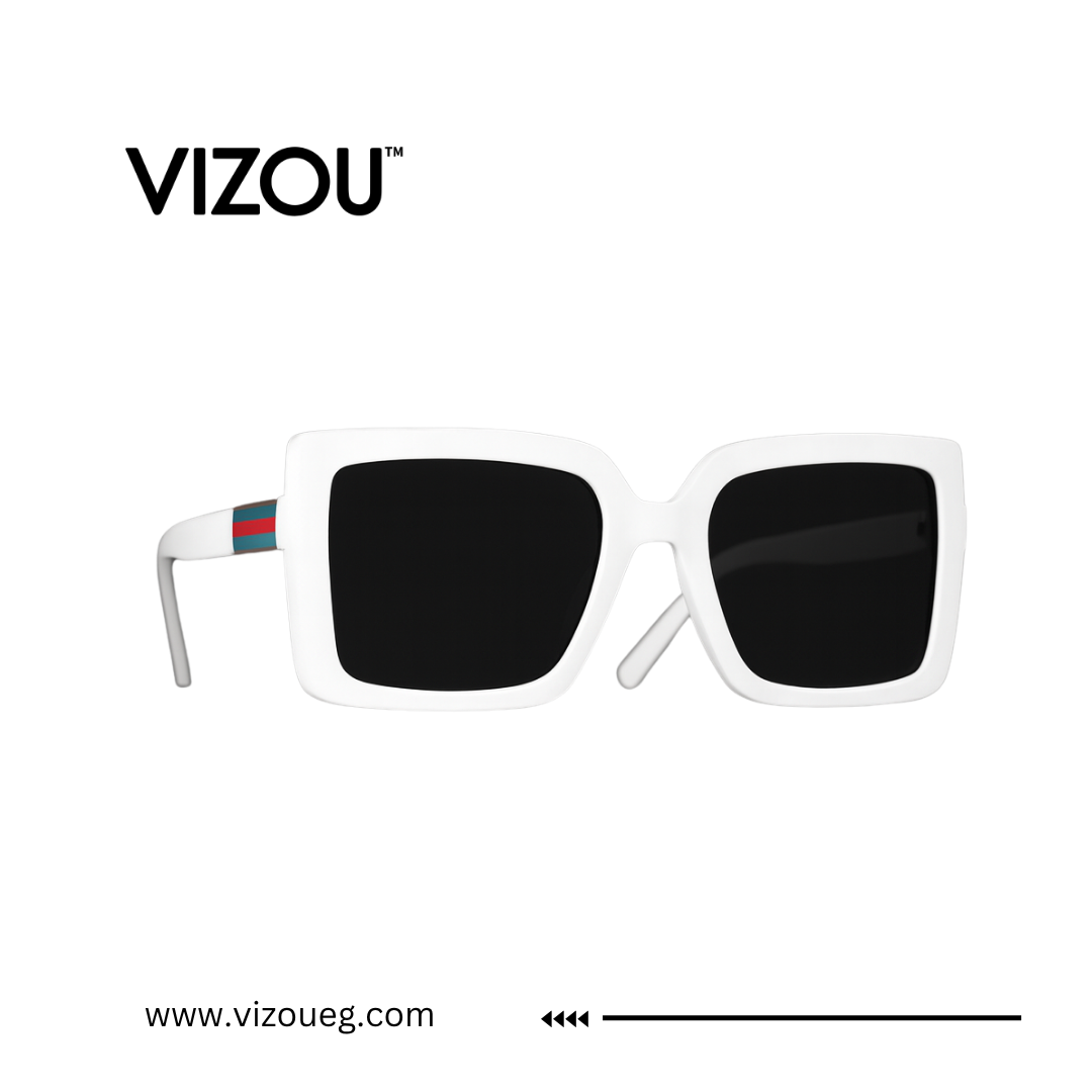 White sunglasses with black lenses and a red and blue stripe on the VIZOU brand logo.