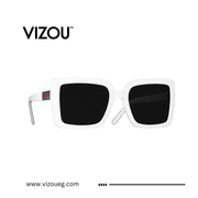 White sunglasses with black lenses and a red and blue stripe on the VIZOU brand logo.