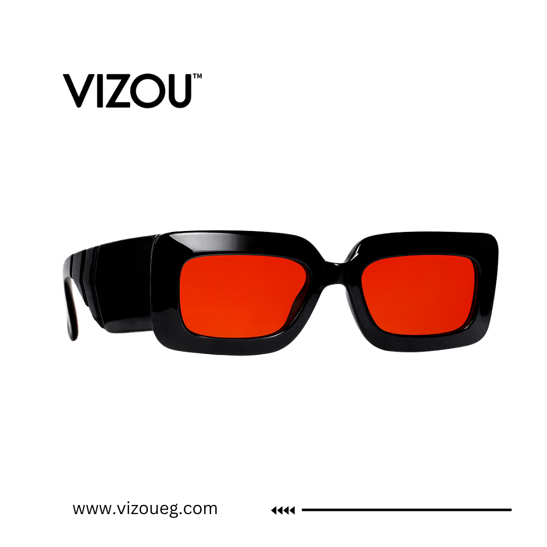 Black sunglasses with red lenses on a white background, featuring the VIZOU brand.