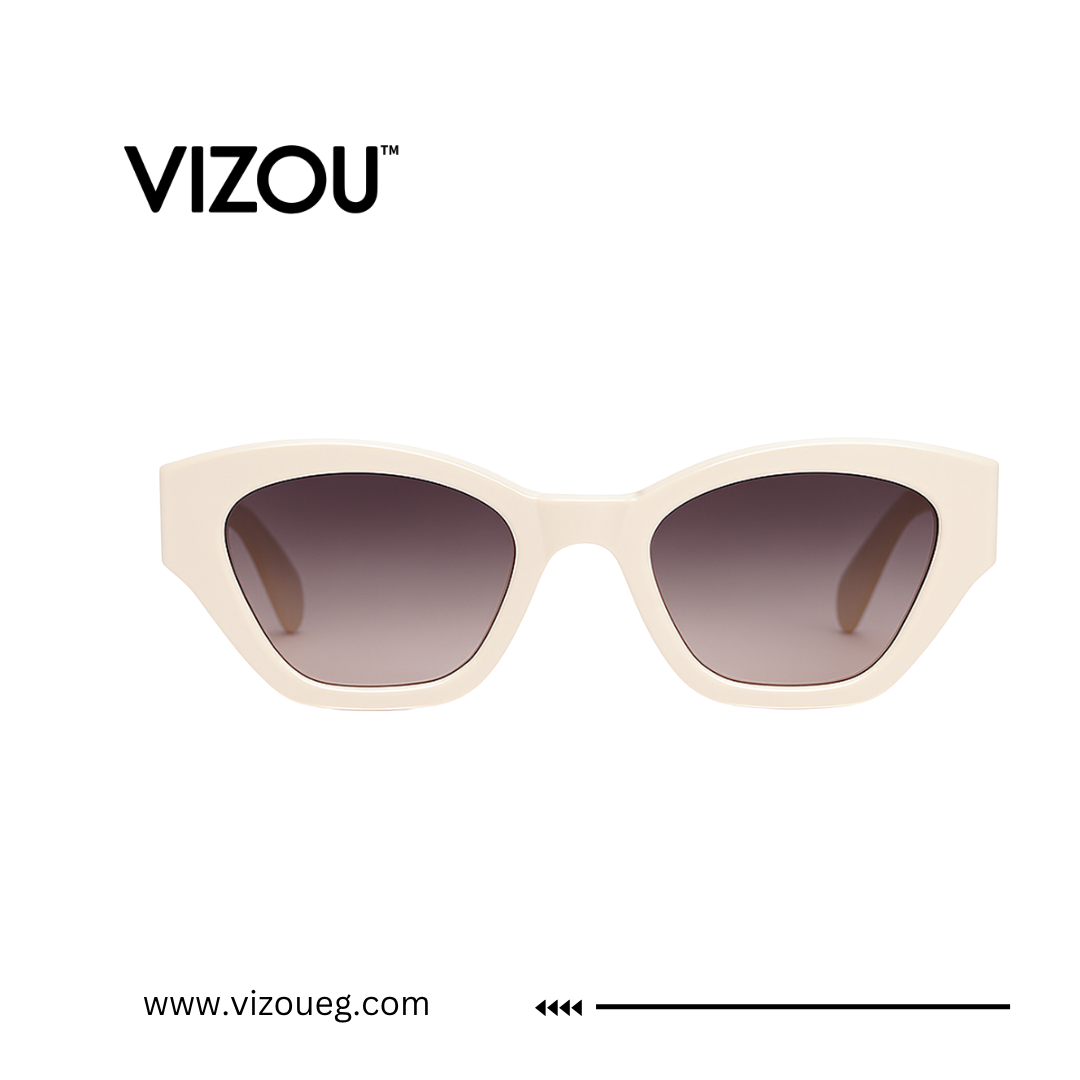 Beige sunglasses with dark lenses on a white background, featuring the VIZOU brand.