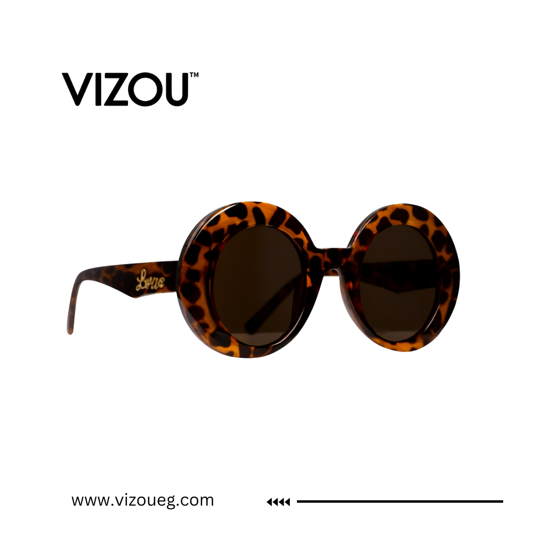 Sunglasses with leopard print frame on a white background, featuring the VIZOU brand.