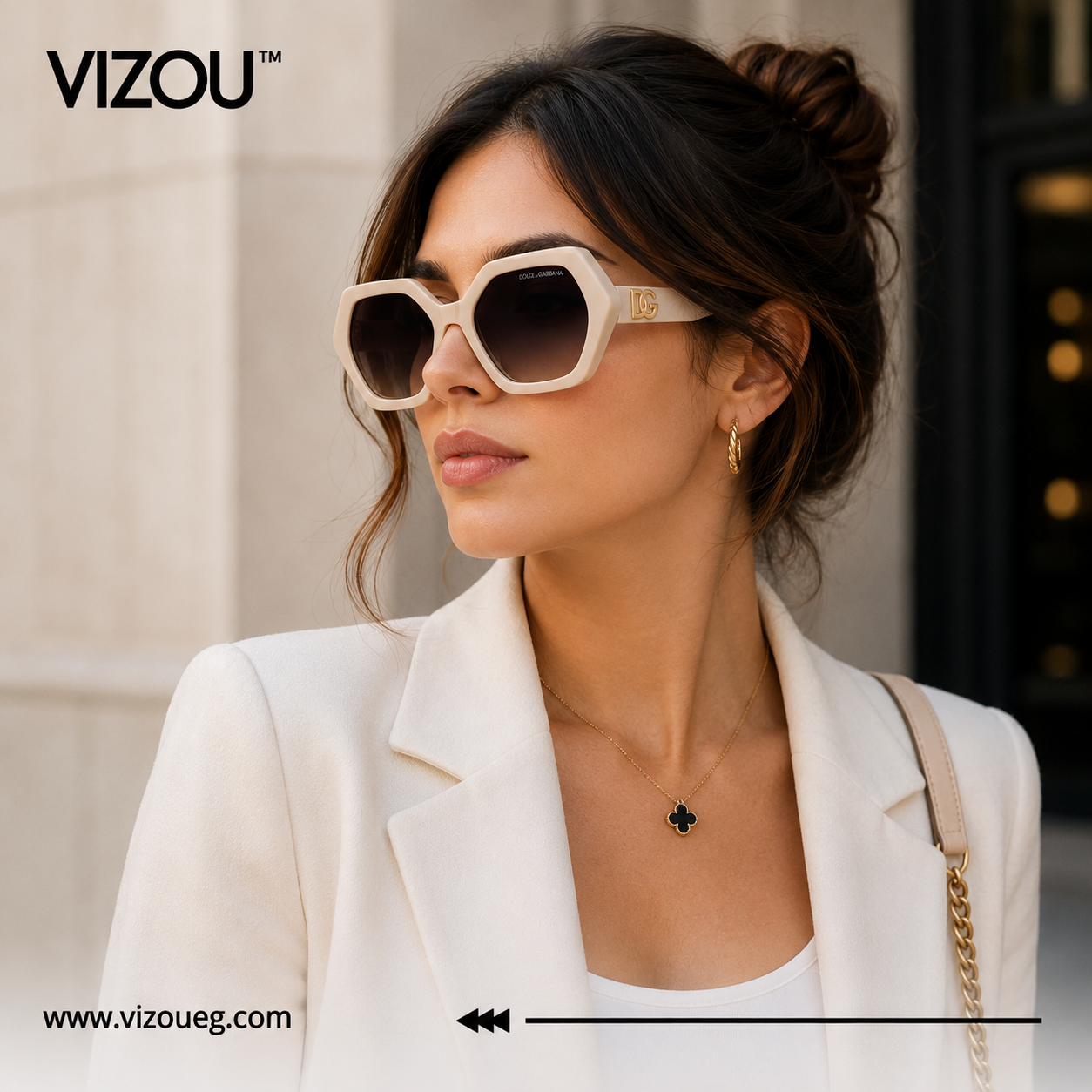 Luxury Oversized Geometric Sunglasses – Ivory Cream Gold Accent Edition VZ-171 Secondary image