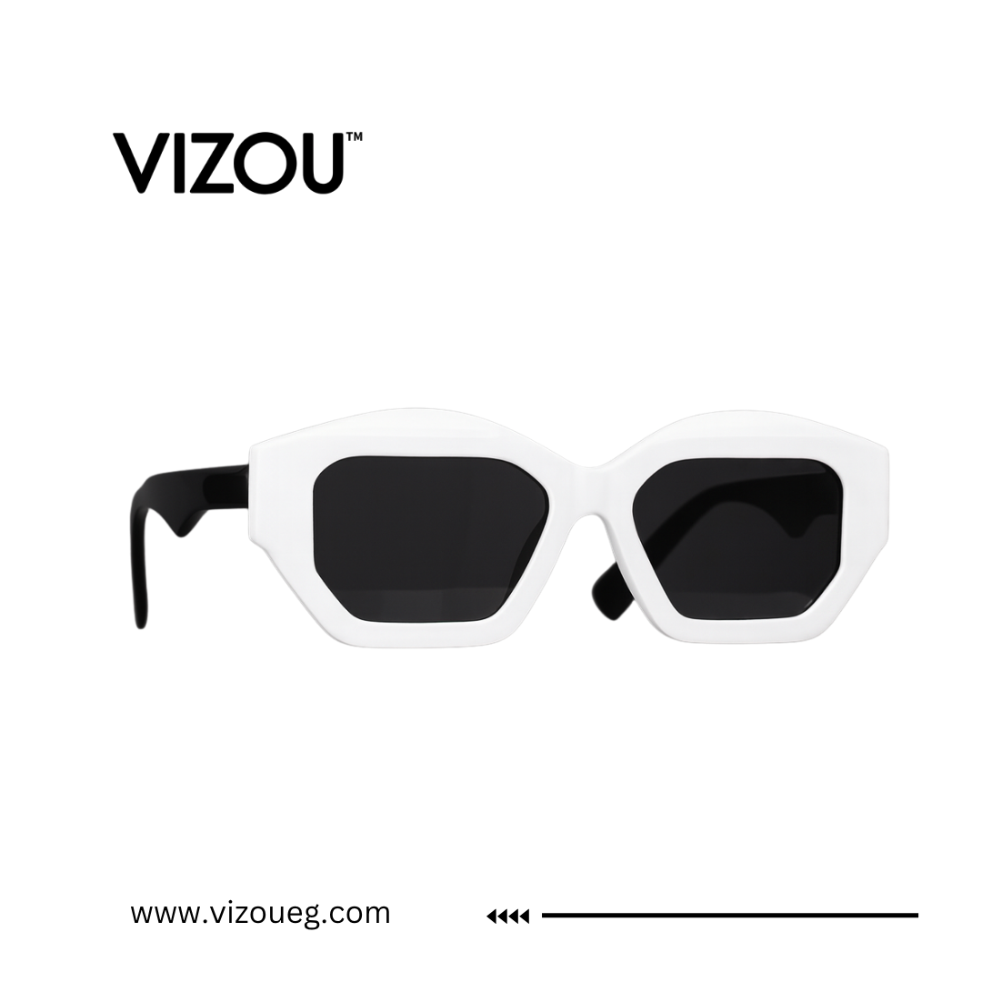 White sunglasses with black lenses on a white background, featuring the VIZOU brand. Main image