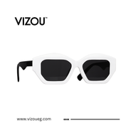 White sunglasses with black lenses on a white background, featuring the VIZOU brand.