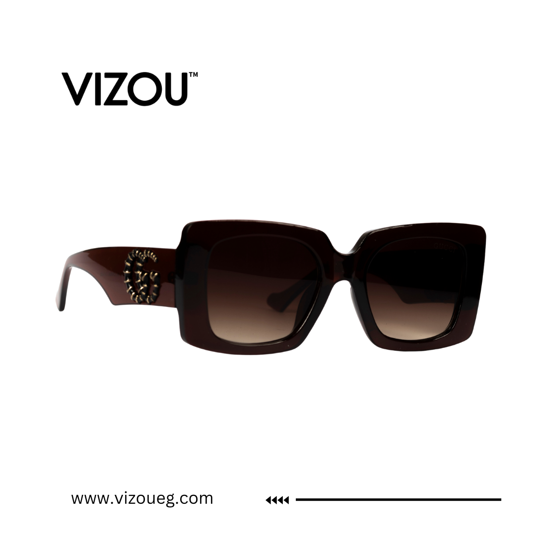 Sunglasses with a decorative emblem on a white background, featuring the brand 'VIZOU'.
