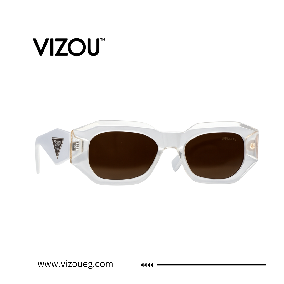 White sunglasses with brown lenses on a white background, featuring the VIZOU brand. Main image
