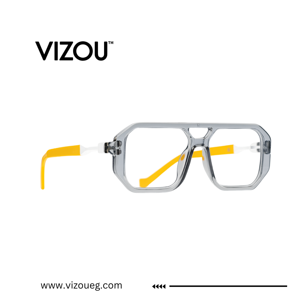 Clear eyeglasses with yellow accents on a white background, featuring the VIZOU brand. Main image