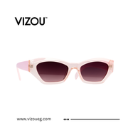 Pink sunglasses with dark lenses on a white background, featuring the VIZOU brand.