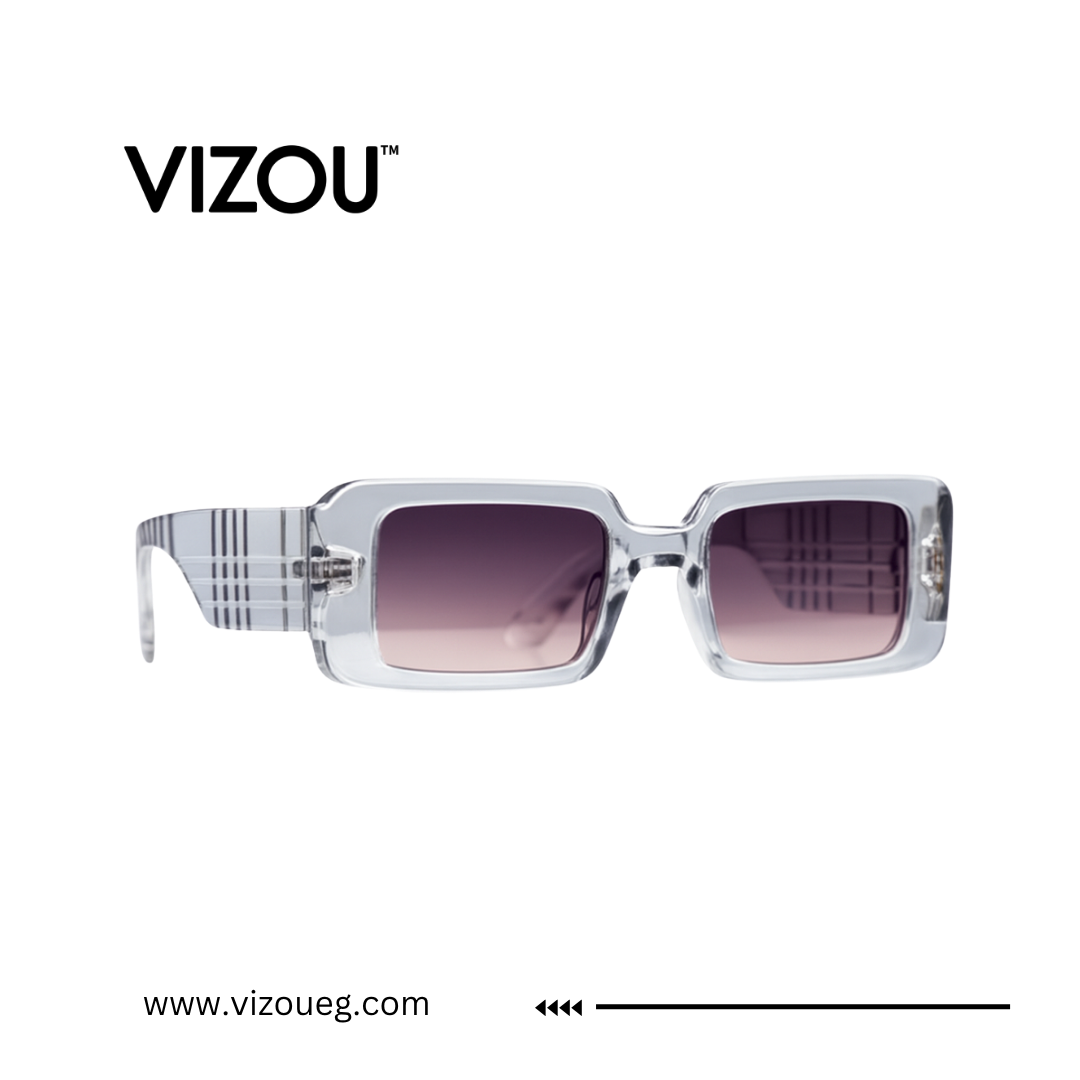 Sunglasses with a transparent frame and gradient lenses on a white background, featuring the VIZOU brand. Main image