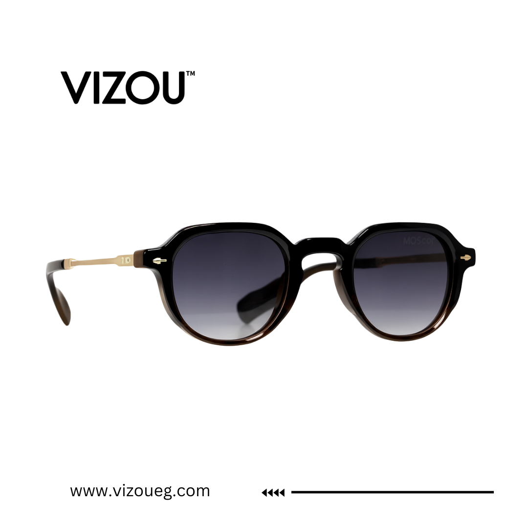 Sunglasses with black gradient lenses and gold accents on a white background, featuring the VIZOU brand. Main image
