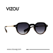 Sunglasses with black gradient lenses and gold accents on a white background, featuring the VIZOU brand.