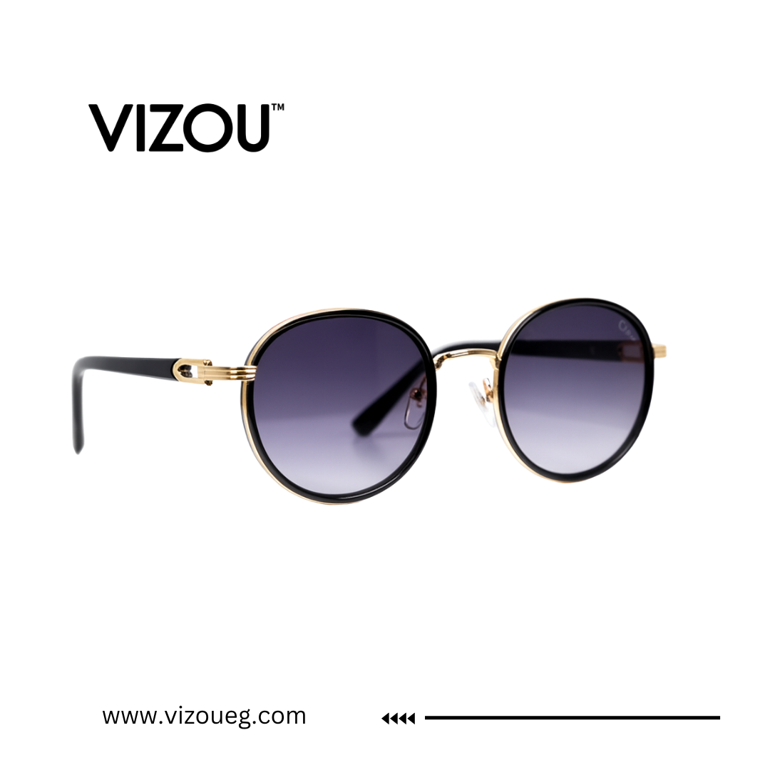 Round sunglasses with gold frame and gradient lenses on a white background, featuring the VIZOU brand. Main image