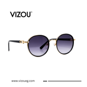 Round sunglasses with gold frame and gradient lenses on a white background, featuring the VIZOU brand.