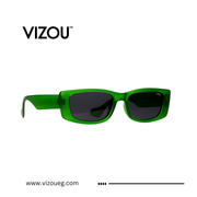 Green sunglasses with dark lenses on a white background, featuring the VIZOU brand.