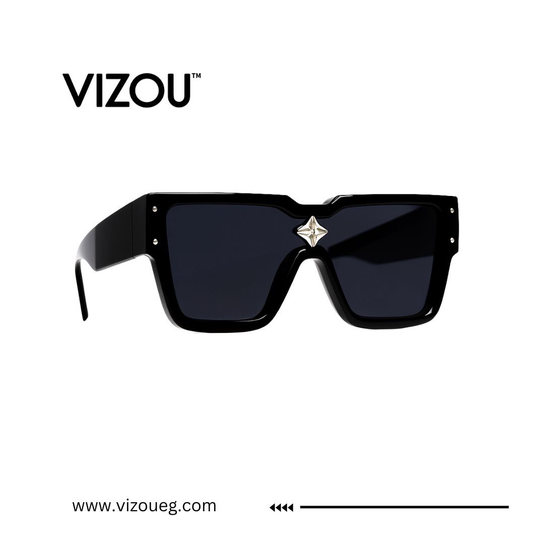 Black sunglasses with a decorative element on a white background, featuring the VIZOU brand. Main image