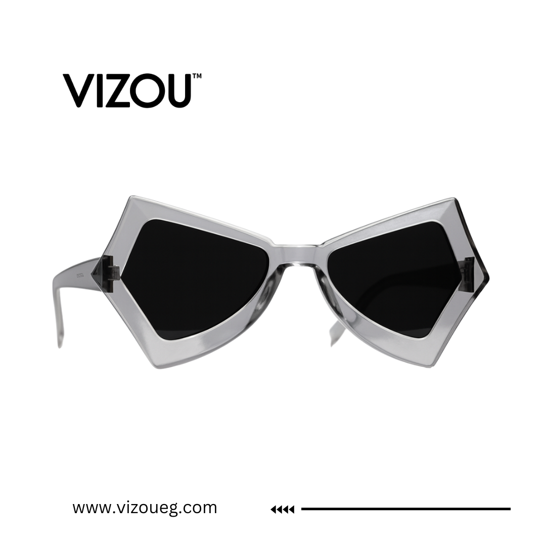 Sunglasses with geometric frame and black lenses on a white background, featuring the VIZOU brand. Main image