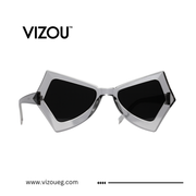 Sunglasses with geometric frame and black lenses on a white background, featuring the VIZOU brand.