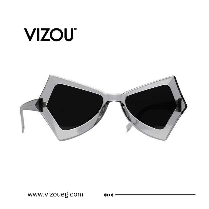 Sunglasses with geometric frame and black lenses on a white background, featuring the VIZOU brand.