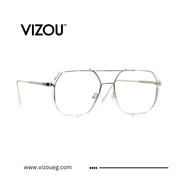 Silver eyeglasses with 'VIZOU' branding on a white background