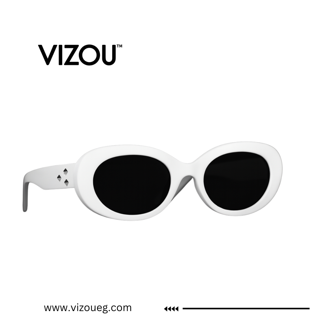 White sunglasses with black lenses on a white background, featuring the VIZOU brand. Main image