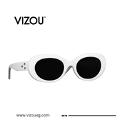 White sunglasses with black lenses on a white background, featuring the VIZOU brand.