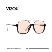 Sunglasses with pink lenses and black frames on a white background, featuring the VIZOU brand.