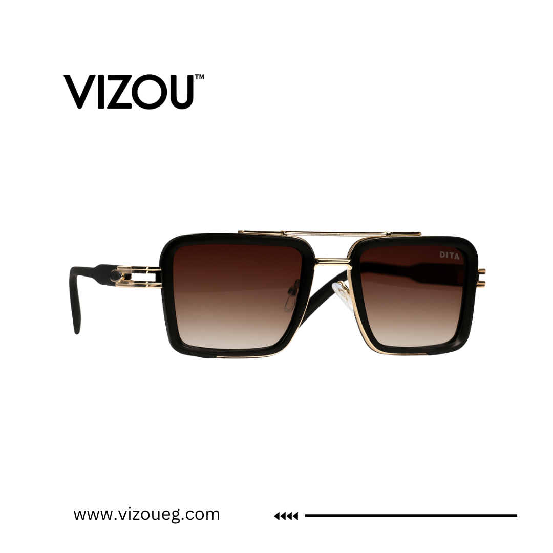 Sunglasses with gold frame and brown gradient lenses on a white background, featuring the VIZOU brand. Main image