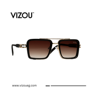 Sunglasses with gold frame and brown gradient lenses on a white background, featuring the VIZOU brand.