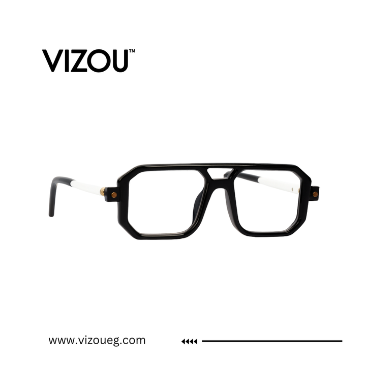 Black eyeglasses with 'VIZOU' branding on a white background
