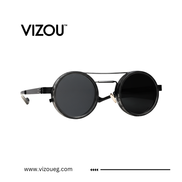 Round sunglasses with metallic frame on a white background, featuring the VIZOU brand.