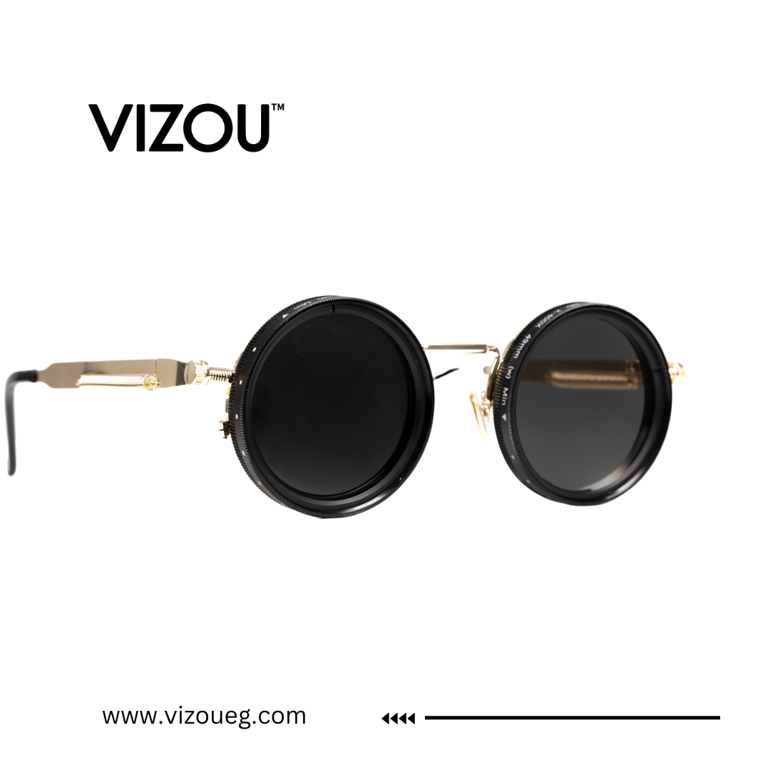 Round sunglasses with black lenses and gold frames on a white background, featuring the VIZOU brand. Main image