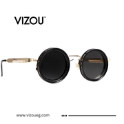 Round sunglasses with black lenses and gold frames on a white background, featuring the VIZOU brand.