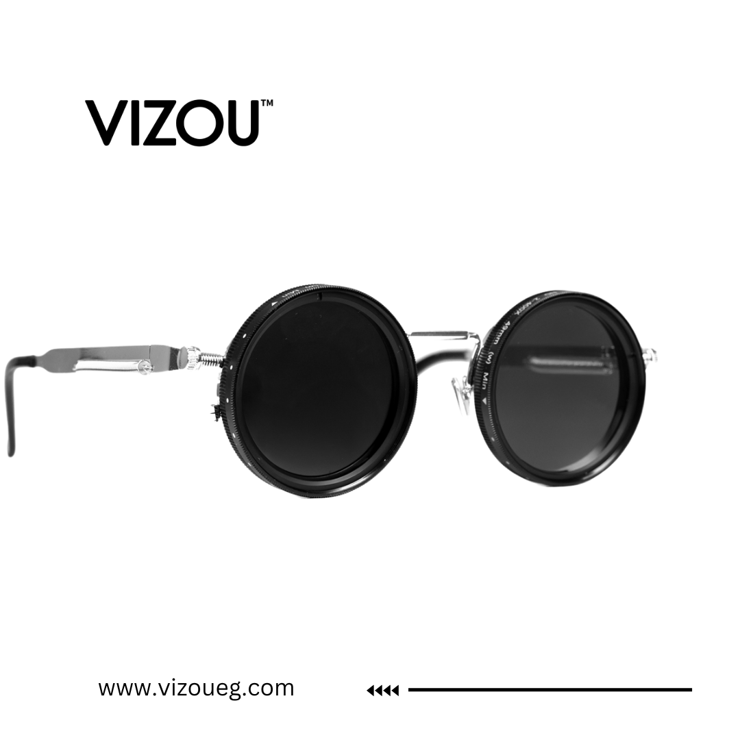 Round sunglasses with black lenses and silver frames on a white background, featuring the VIZOU brand. Main image