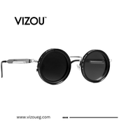 Round sunglasses with black lenses and silver frames on a white background, featuring the VIZOU brand.