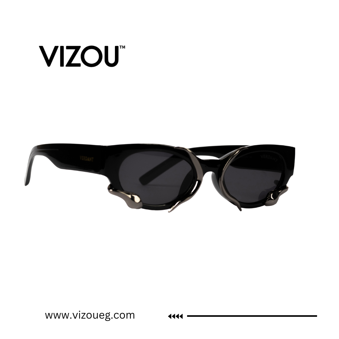 Black cat-eye sunglasses with VIZOU branding on a white background