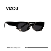 Black cat-eye sunglasses with VIZOU branding on a white background