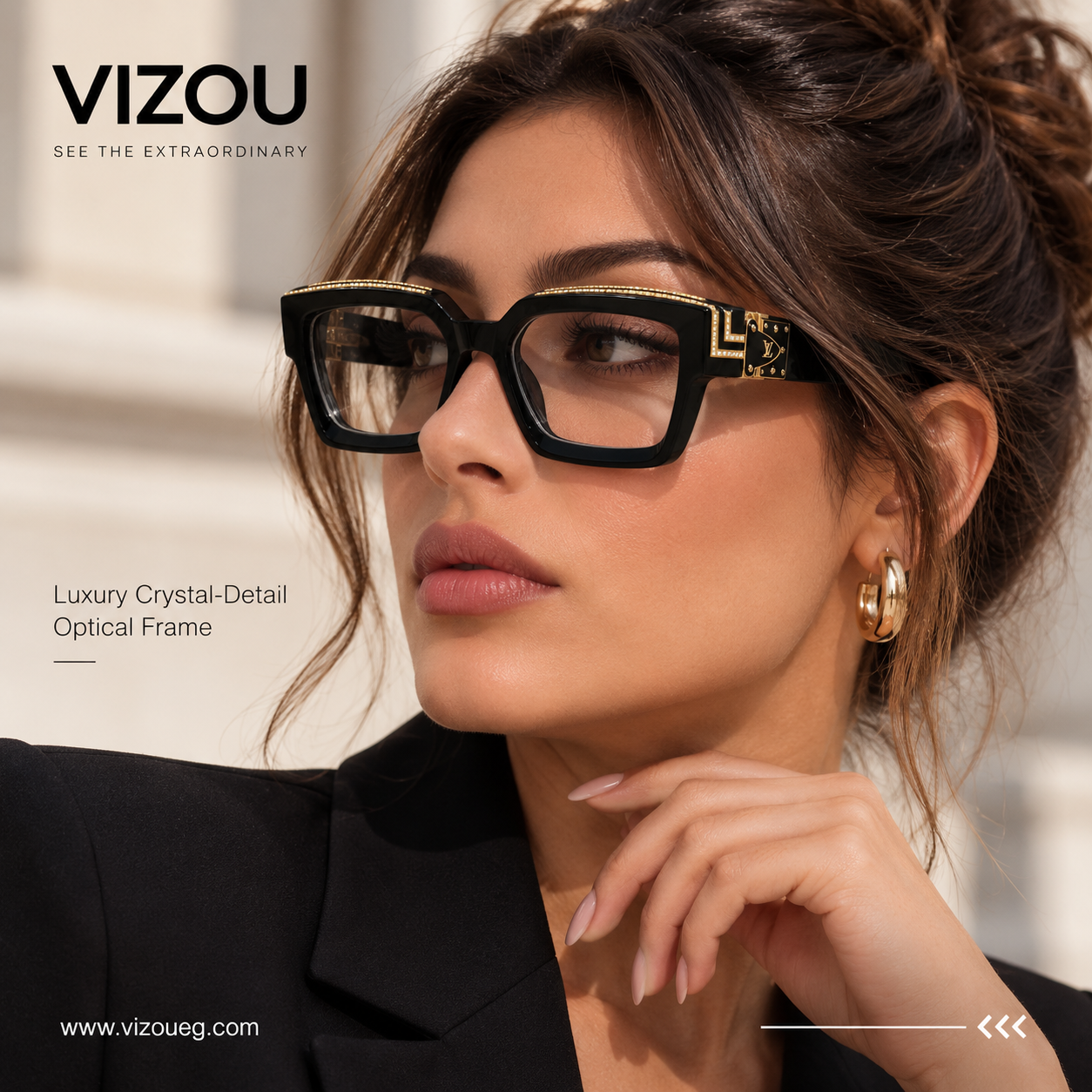 Luxury Oversized Square Optical Frame – Black Gold Crystal Edition VZ-035 Secondary image