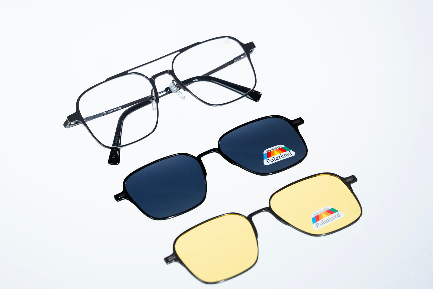 Magnetic Gunmetal Double-Bridge Rectangular Polarized 3-Lens Eyewear VZ-084