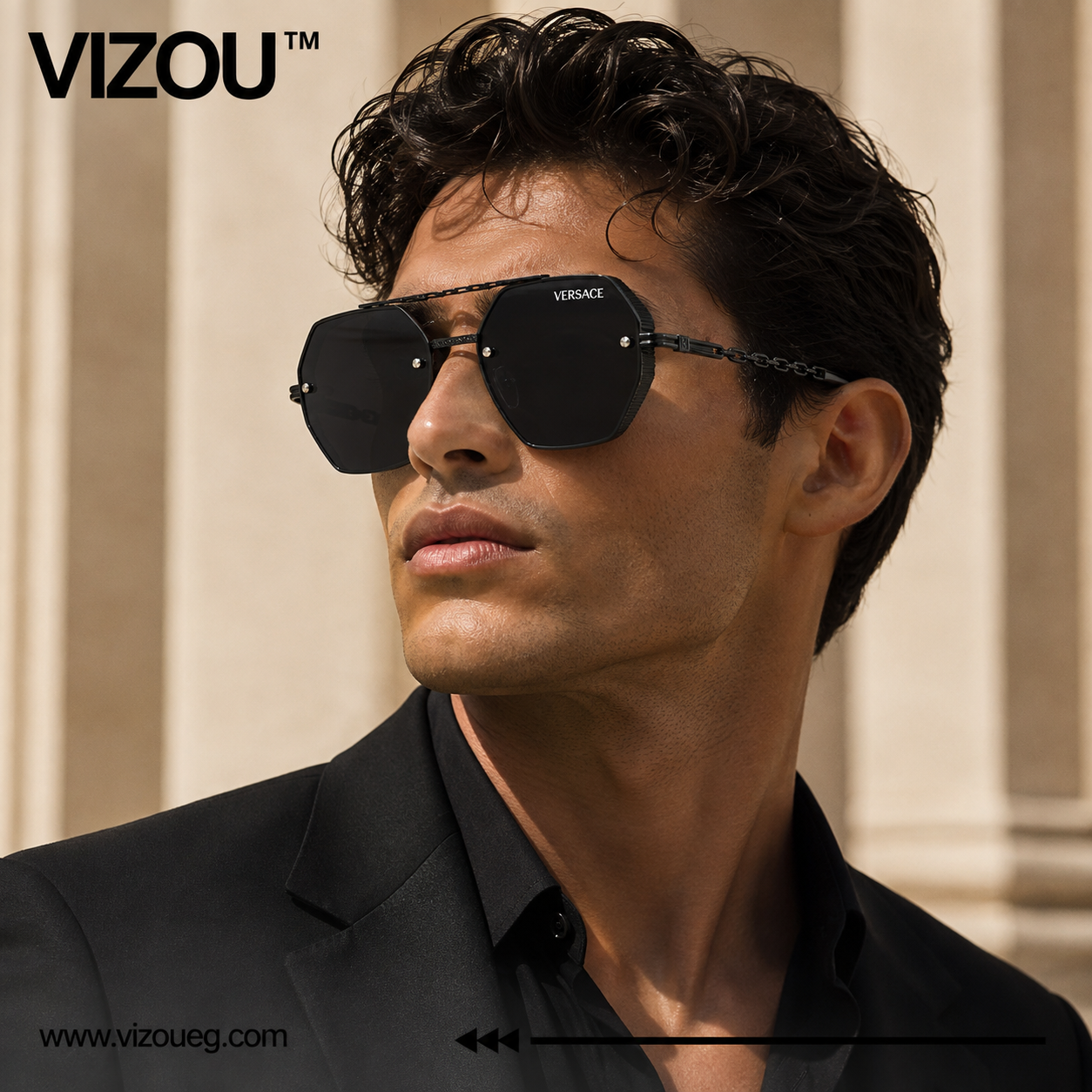 Luxury Geometric Shield Sunglasses – Full Black Chain Edition VZ-257